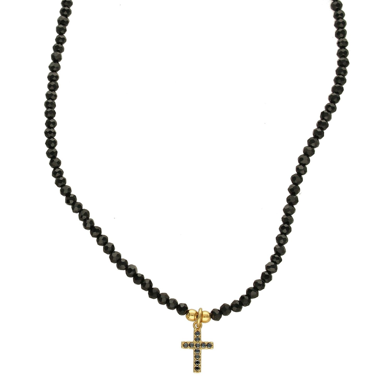 Srebrny naszyjnik 925 czarne koraliki z krzyżykiem 274430830300. Srebrny naszyjnik ozdobiony czarnymi fasetowanymi cyrkoniami w kolorze czarnym z elementem ozdobnym w postaci małego krzyżyka. Świetny pomysł na prezent dla mł.jpg