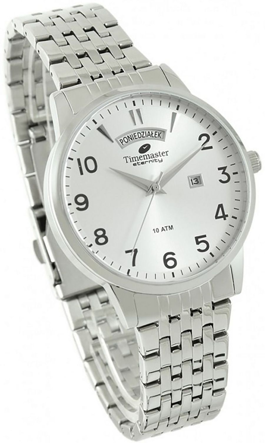 Elegancki zegarek TIMEMASTER 27501 z podwójnym datownikiem. Stalowa bransoleta, srebrna tarcza, mechanizm kwarcowy i wodoszczelność 100M. Gwarancja 3 lata. Sprawdź!1.jpg