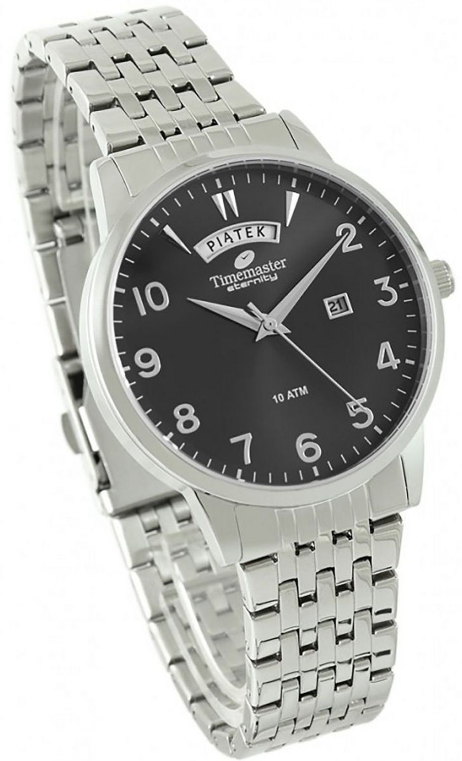 Męski zegarek TIMEMASTER 27502 z czarną tarczą, podwójnym datownikiem i stalową bransoletą. Wodoszczelność 100M, mechanizm kwarcowy, 3 lata gwarancji. Kup teraz!1.jpg