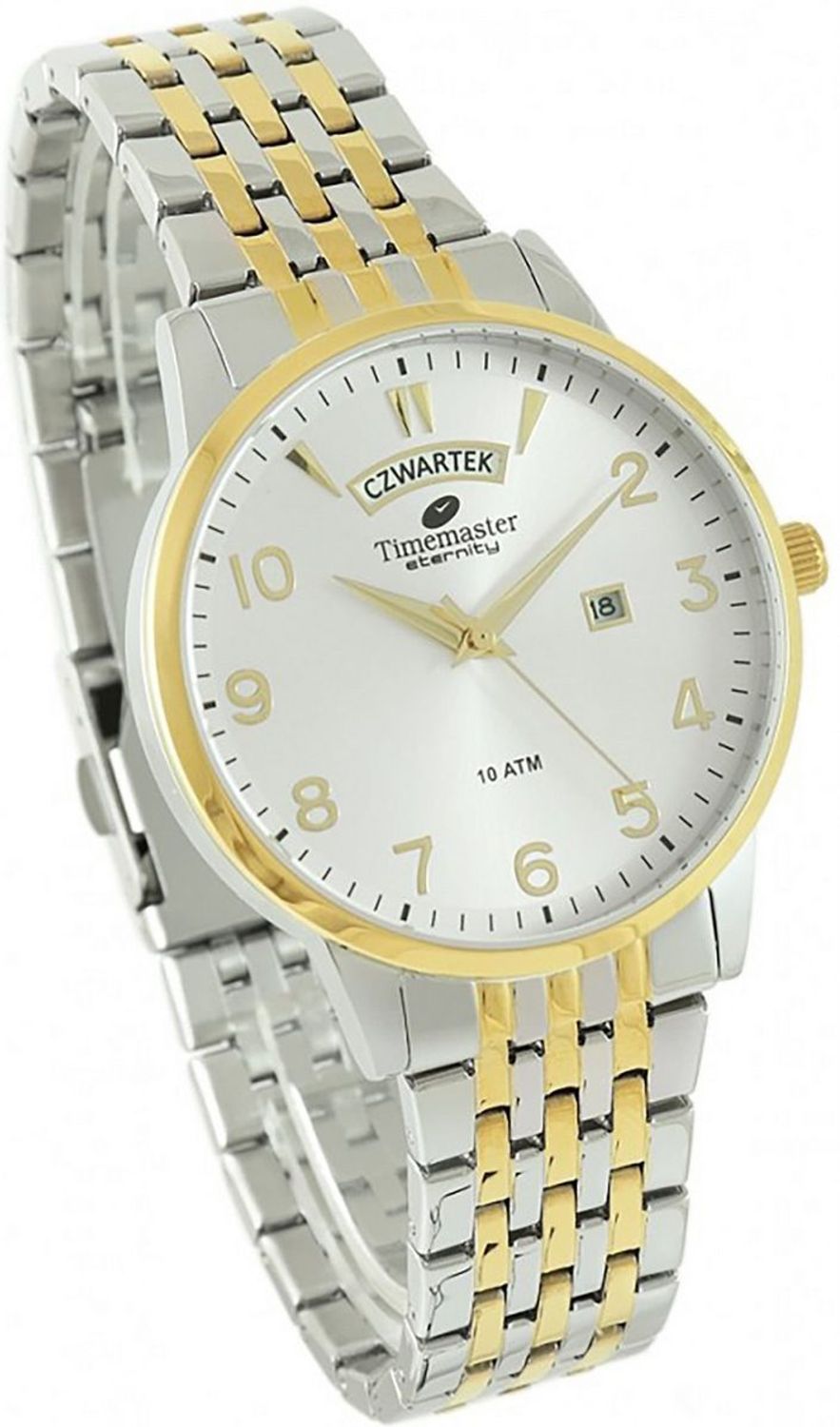 Zegarek męski TIMEMASTER 27504 – elegancka srebrno-złota bransoleta, podwójny datownik, stal nierdzewna, 100M wodoszczelności. Polska marka, 3 lata gwarancji.1.jpg