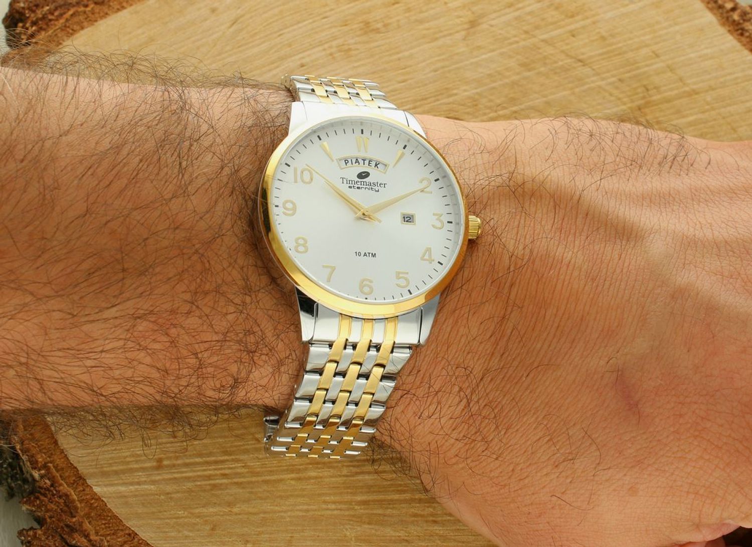 Zegarek męski TIMEMASTER 27504 – elegancka srebrno-złota bransoleta, podwójny datownik, stal nierdzewna, 100M wodoszczelności. Polska marka, 3 lata gwarancji.1.jpg