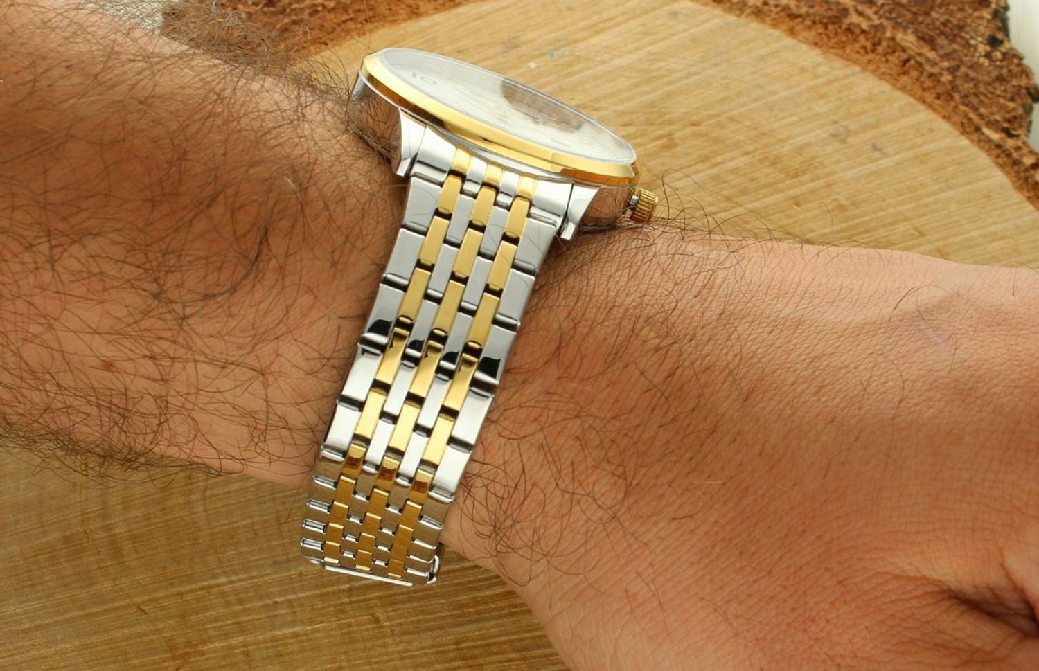 Zegarek męski TIMEMASTER 27504 – elegancka srebrno-złota bransoleta, podwójny datownik, stal nierdzewna, 100M wodoszczelności. Polska marka, 3 lata gwarancji.1.jpg