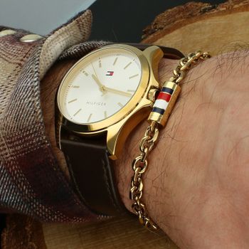 Męski zegarek Tommy Hilfiger Classic 2770221 z kwarcowym mechanizmem Seiko Y121F, złotą kopertą, białą tarczą i skórzanym paskiem. Wodoszczelność 30 m, klasyczny styl.5.jpg