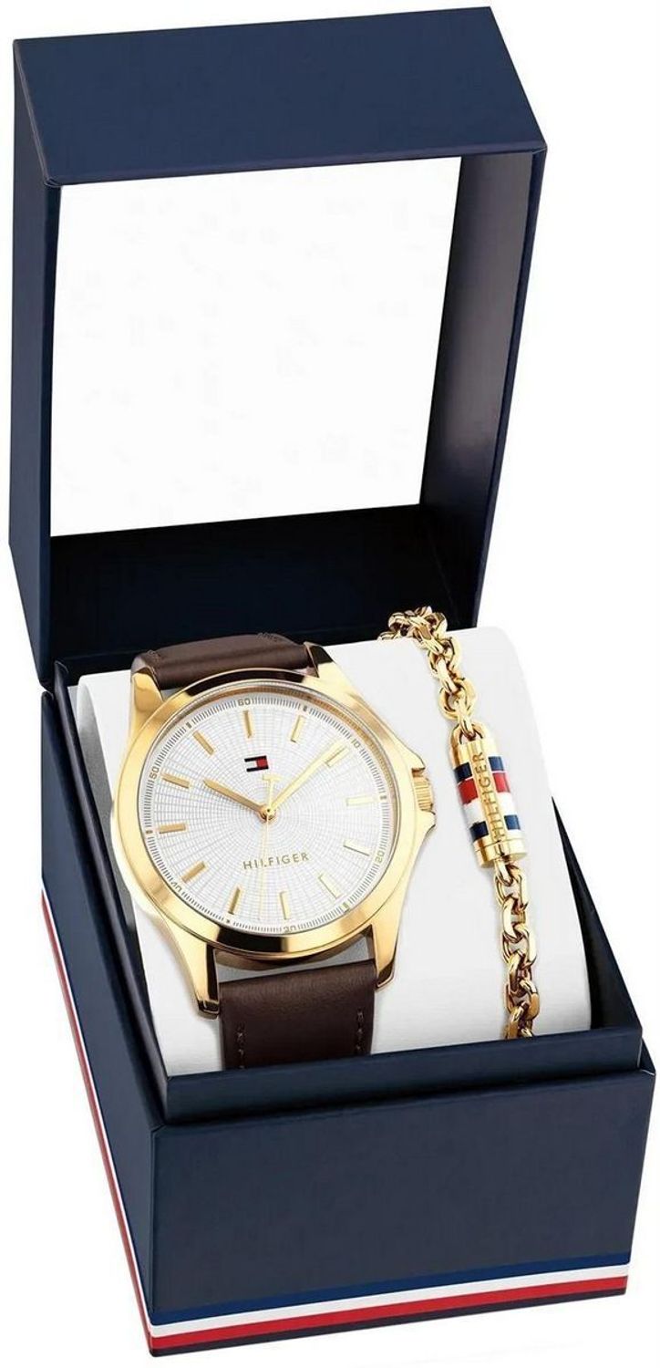 Męski zegarek Tommy Hilfiger Classic 2770221 z kwarcowym mechanizmem Seiko Y121F, złotą kopertą, białą tarczą i skórzanym paskiem. Wodoszczelność 30 m, klasyczny styl.1.jpg