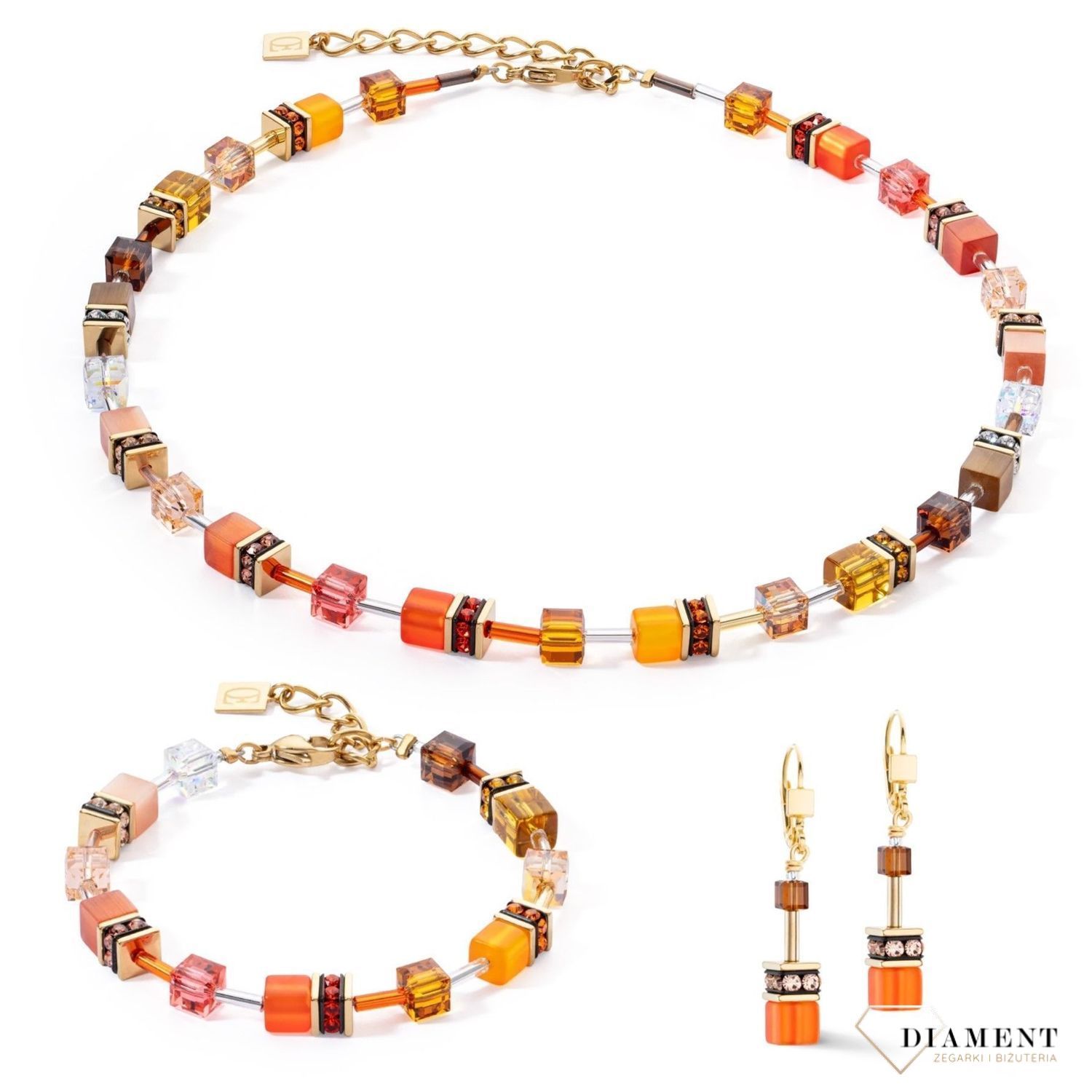 Kolczyki damskie Coeur de Lion GeoCUBE® Iconic złoty zachód słońca 2838200211. Biżuteria idealna zarówno na eleganckie, jak i niezobowiązujące okazje. Piękne kolczyki w odcieniu pomarańczy zdobione kryształami Swarovski®1.jpg