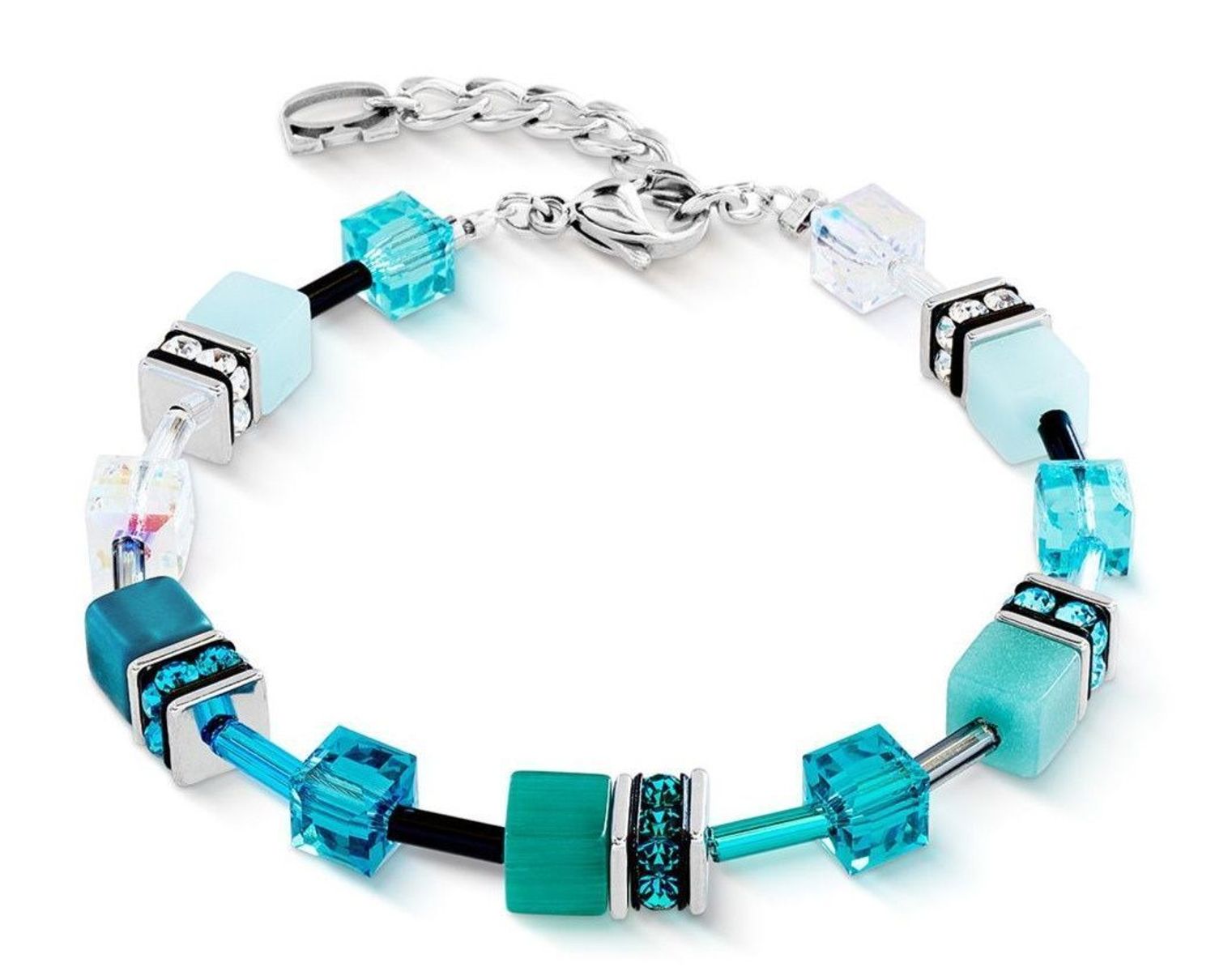 Bransoletka damska Coeur de Lion GeoCUBE® Iconic Transformative Teal 2838300624 – srebrna z niebieskimi kryształami (2).jpg