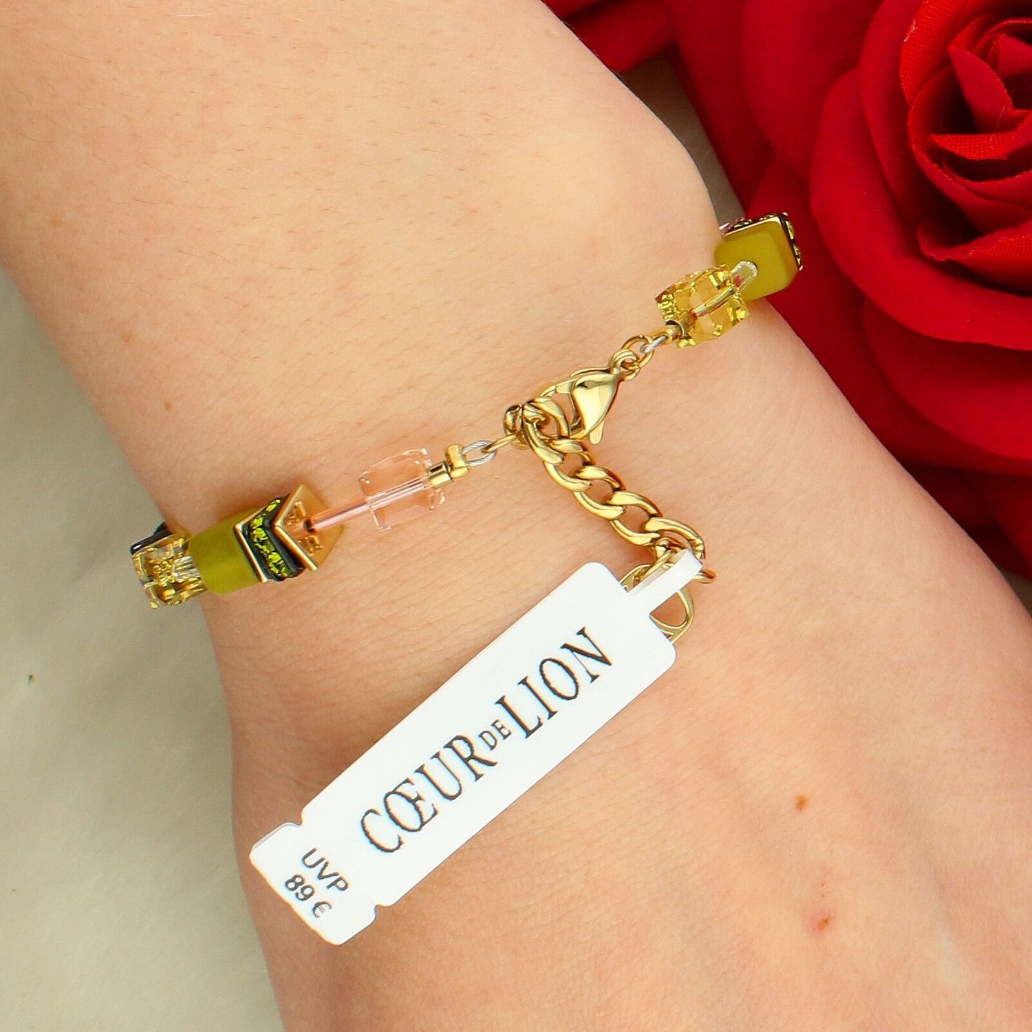 Bransoletka damska Coeur de Lion GeoCUBE® Iconic Olive Blossom 283830-0901 – złota, oliwkowo-zielona (1).jpg