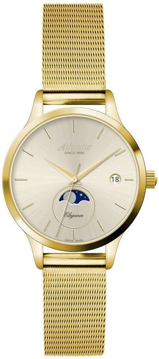 Elegancki damski zegarek Atlantic Elegance Swiss Made. Złota tarcza, szkło szafirowe, mechanizm ETA z datownikiem i fazami księżyca. Styl i precyzja na co dzień.1.jpg