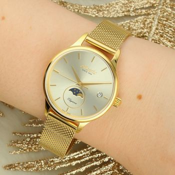 Elegancki damski zegarek Atlantic Elegance Swiss Made. Złota tarcza, szkło szafirowe, mechanizm ETA z datownikiem i fazami księżyca. Styl i precyzja na co dzień.2.jpg