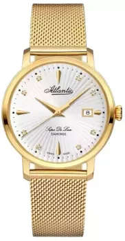 Elegancki damski zegarek Atlantic Super De Luxe 29355.45.27 z pozłacaną kopertą i bransoletą mesh. Model z diamentowymi indeksami, precyzyjnym szwajcarskim mechanizmem kwarcowym, datownikiem i 1.webp