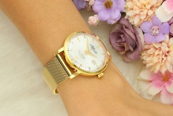 Elegancki damski zegarek Atlantic Super De Luxe 29355.45.27 z pozłacaną kopertą i bransoletą mesh. Model z diamentowymi indeksami, precyzyjnym szwajcarskim mechanizmem kwarcowym, datownikiem i 3.jpg