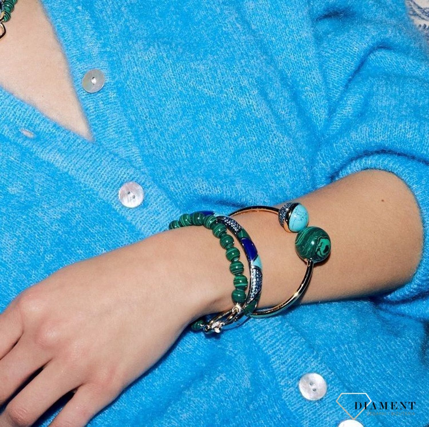 Bransoletka damska TI SENTO malachit i złoto 2961MA. Srebrna bransoletka damska składająca się z koralików z malachitu  (2).jpg