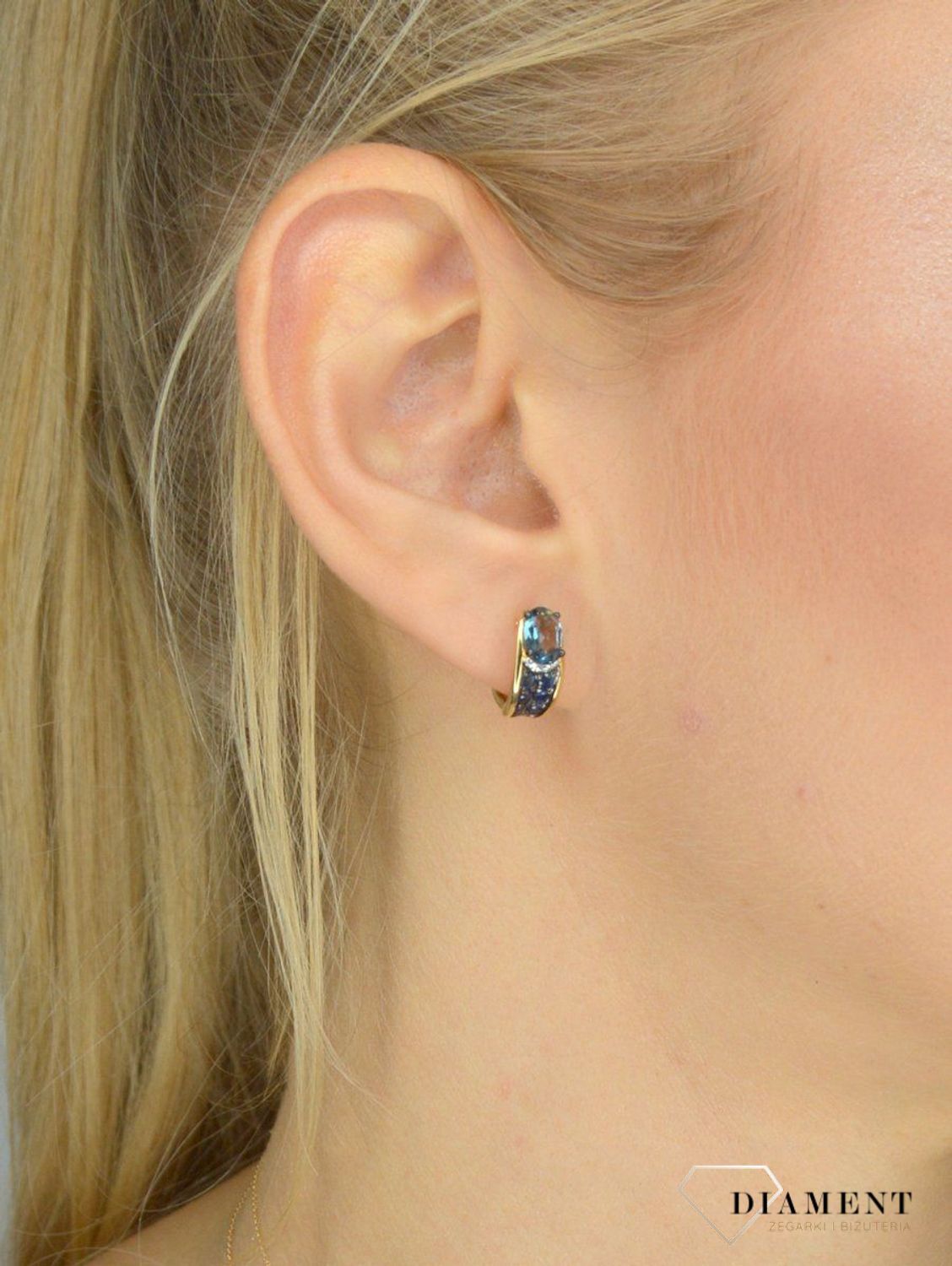 Złote kolczyki DIAMENT 585 diament topaz oraz szafir 3000101075577.jpg