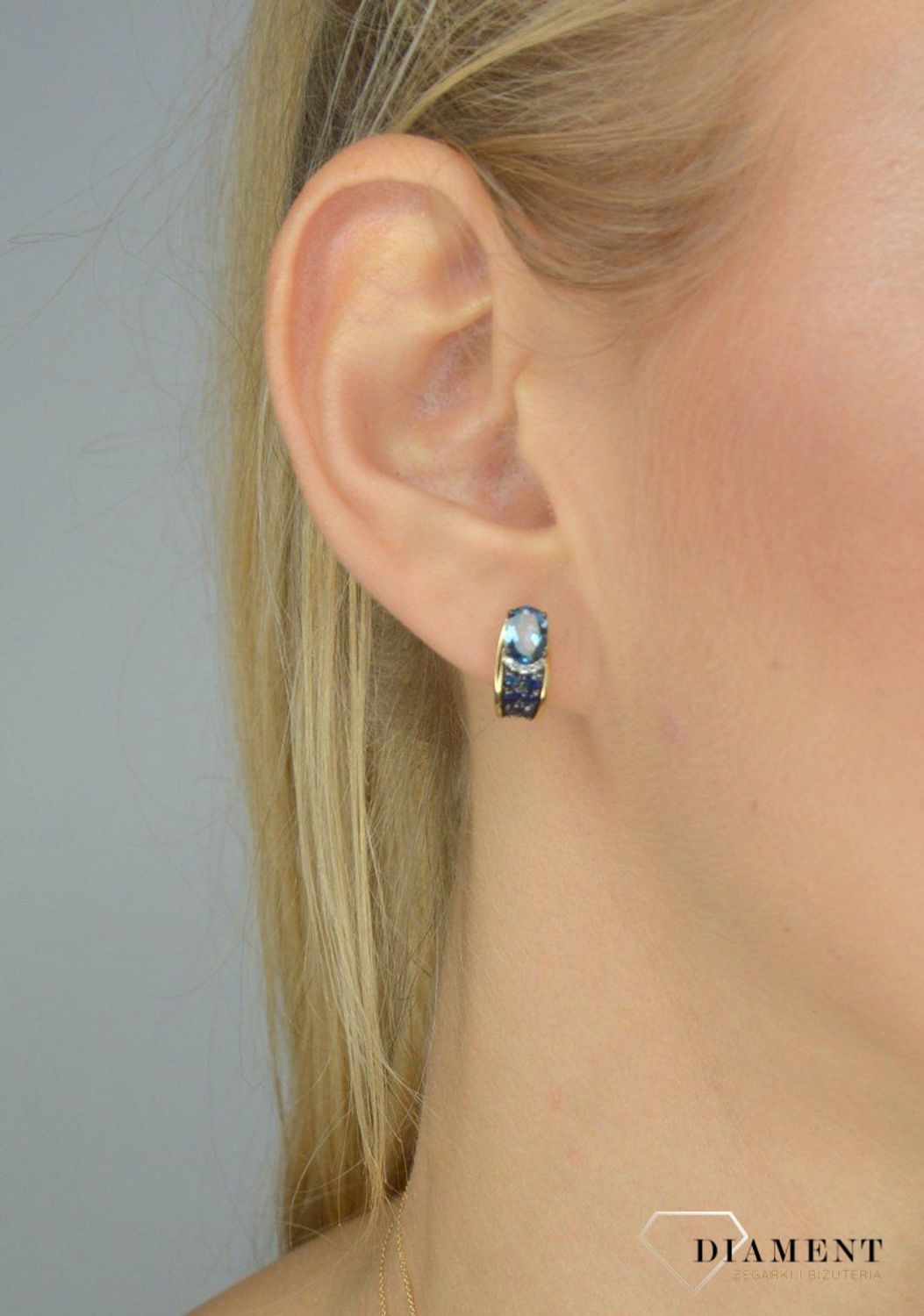 Złote kolczyki DIAMENT 585 diament topaz oraz szafir 3000101075577.jpg