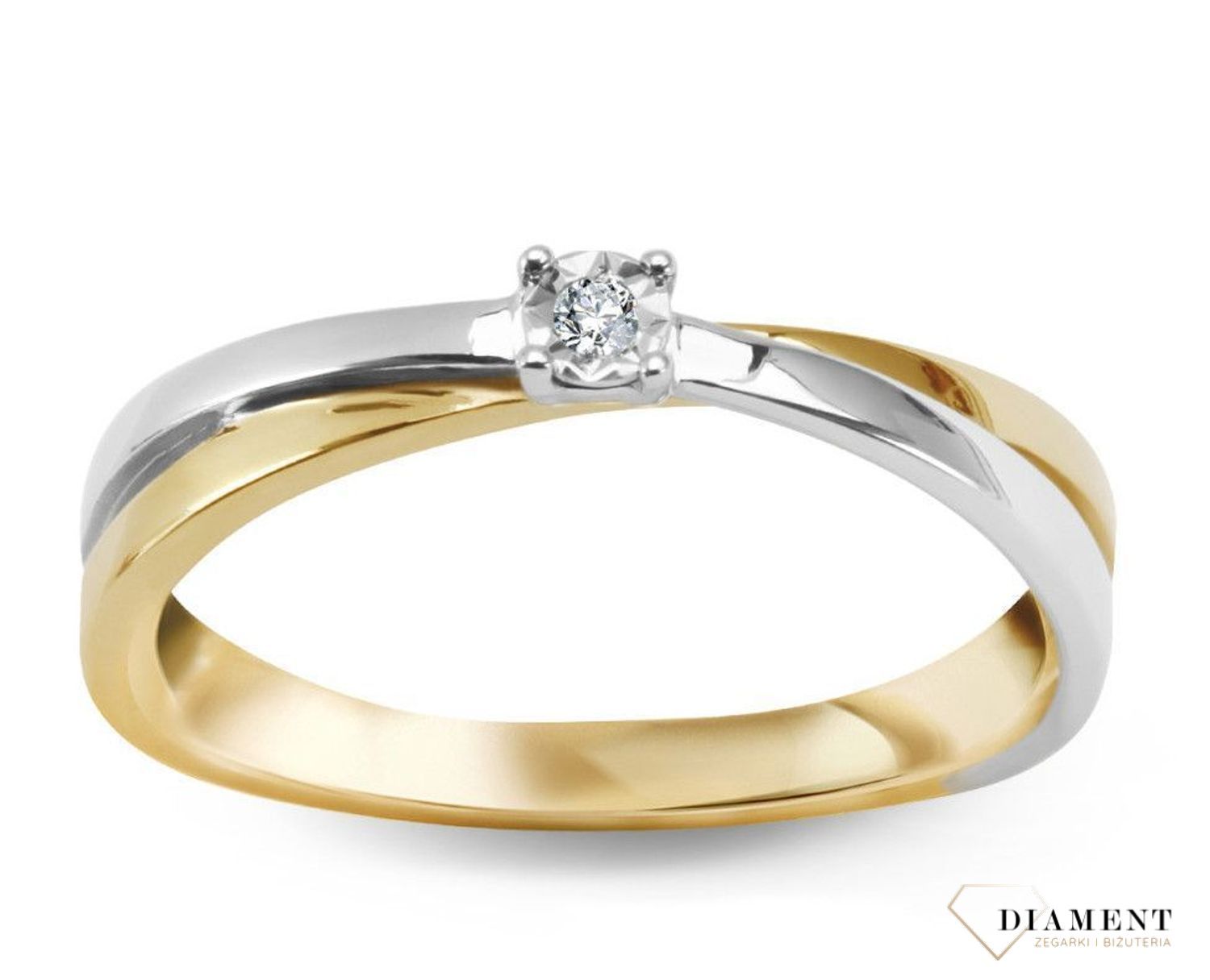 Pierścionek złoty DIAMENT 585, diamenty wykonany ze złota próby 585. Pierścionek z brylantem wielkości 0,015 ct, barwie H oraz czystości I2.jpg