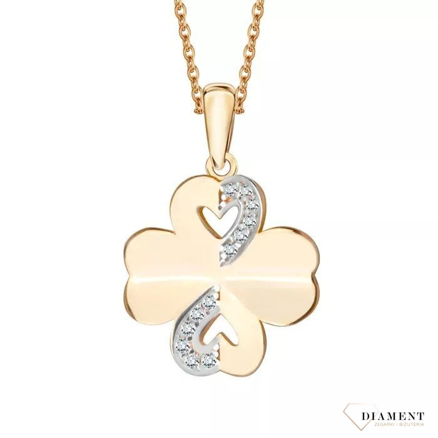 Złoty wisiorek na łańcuszek w kształcie czterolistnej koniczyny wysadzony drobnymi, jasnymi cyrkoniami to wspaniały i bardzo symboliczny element biżuterii..jpg