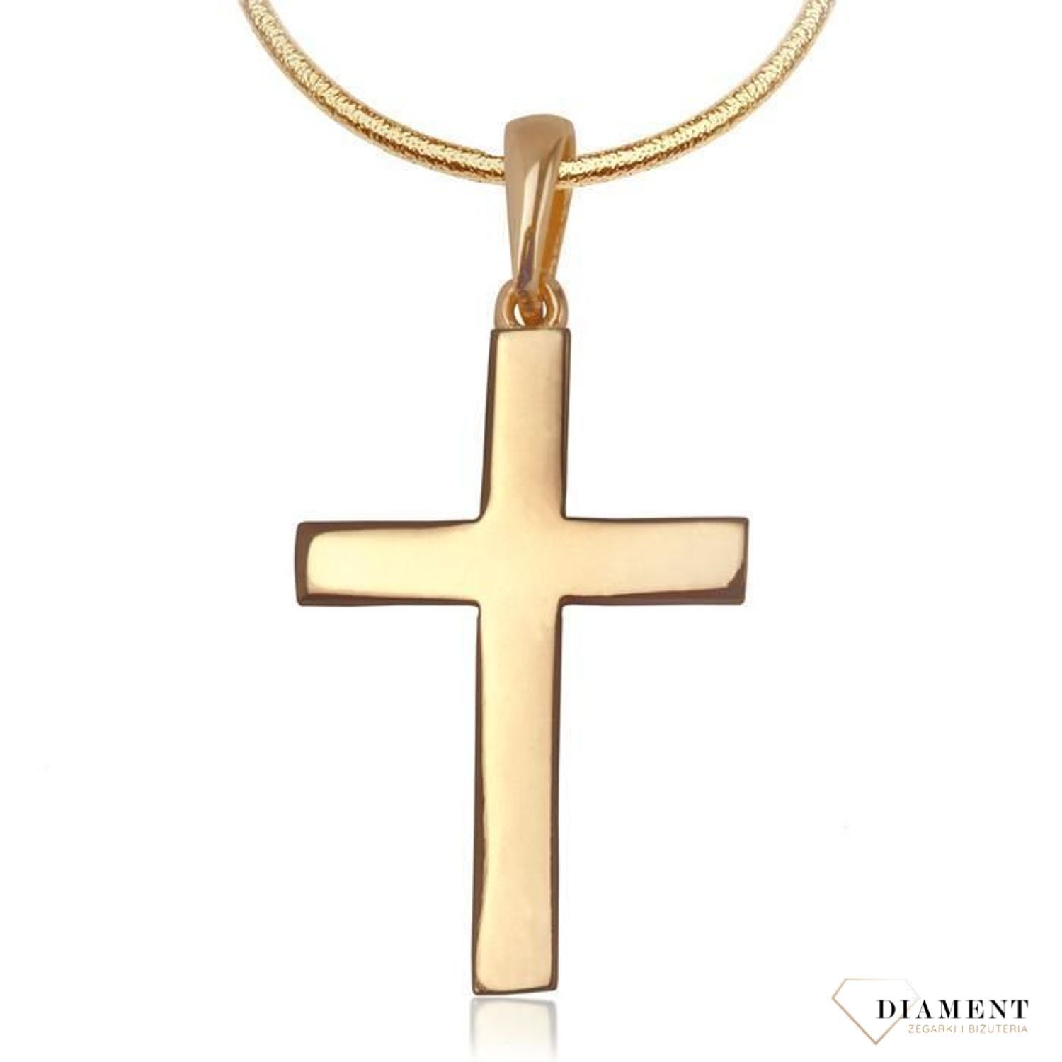 Złota zawieszka sakralna w kształcie krzyżyka. Pasująca do delikatnego splotu idealna na prezent z okazji Komunii Św. bierzmowania czy chrztu..jpg