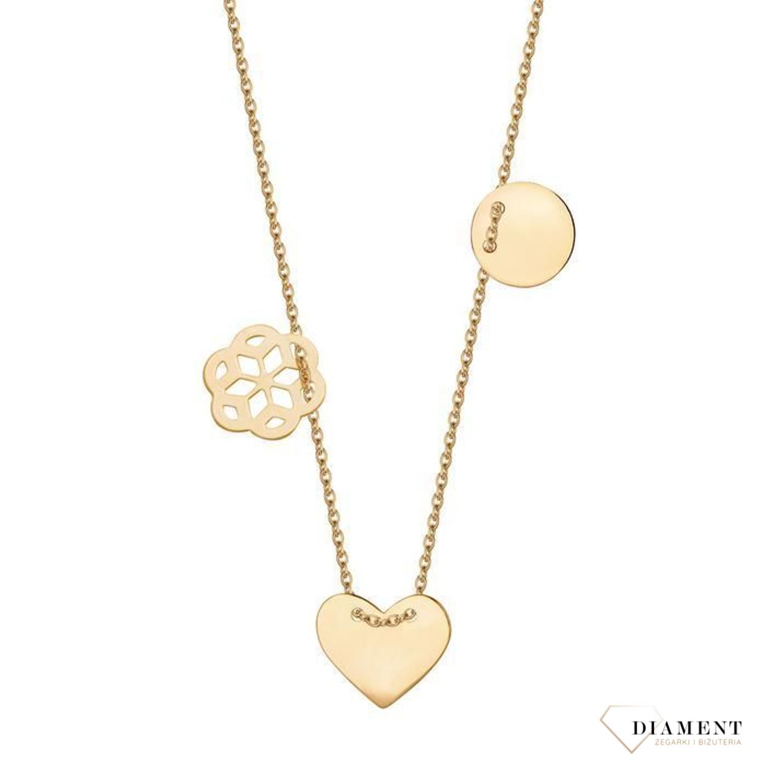 Niezwykle delikatny, złoty naszyjnik typu celebrytka ozdobiony płaskimi, ruchomymi zawieszkami zachwyca starannym wykonaniem i szlachetnym blaskiem..jpg