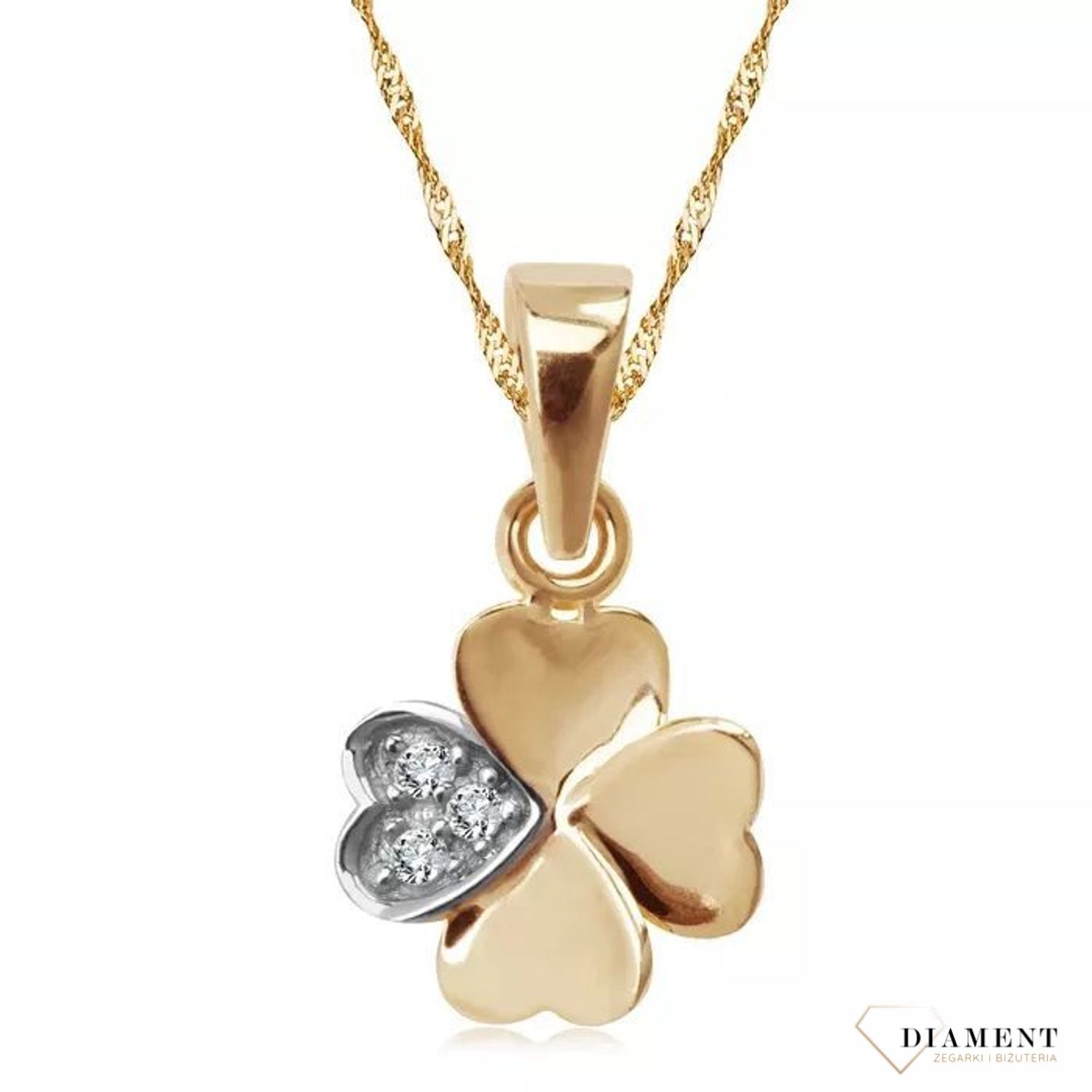 Złoty wisiorek w formie czterolistnej koniczyny wysadzony drobnymi jasnymi cyrkoniami to wspaniały i bardzo symboliczny element biżuterii, doskonały na prezent..jpg