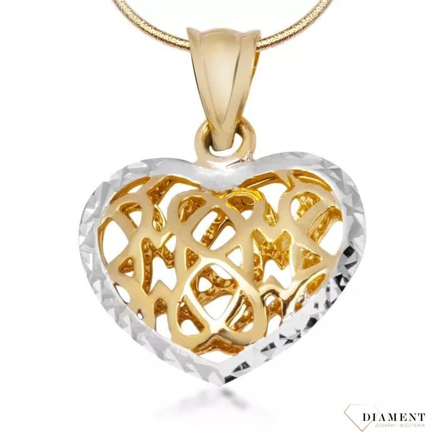 Złoty wisiorek na łańcuszek o ponadczasowej formie serca, wykonany z dwukolorowego, 8-karatowego złota to biżuteria symbolizująca głęboką miłość i oddanie..jpg