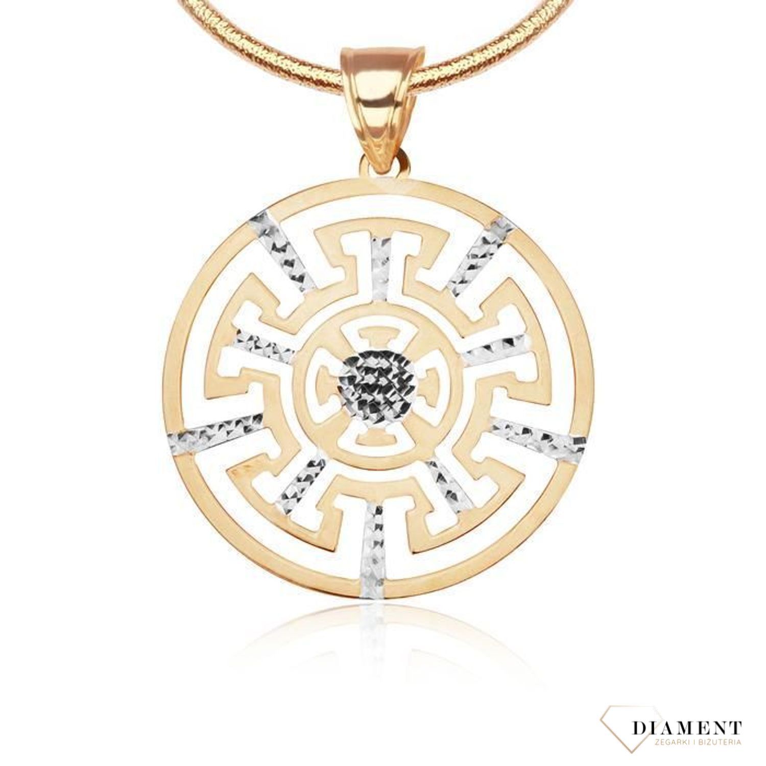 Wisiorek na łańcuszek w klasycznym, ponadczasowym greckim wzorze wykonany z dwukolorowego złota. Dodatkowo białe złoto delikatnie połyskuje..jpg