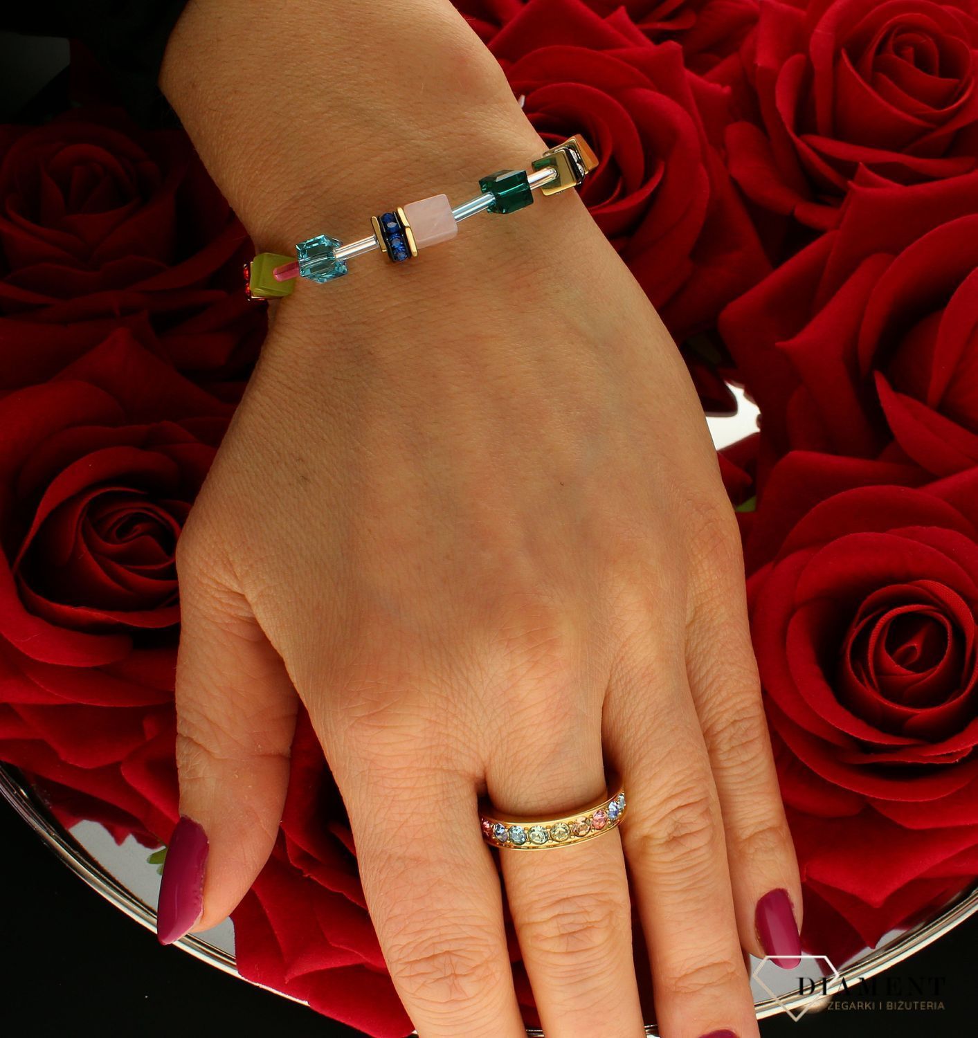 Bransoletka damska Swarovski Coeur De Lion tygrysie oko, czerwony i niebieski awenturyn, kwarc różow.jpg