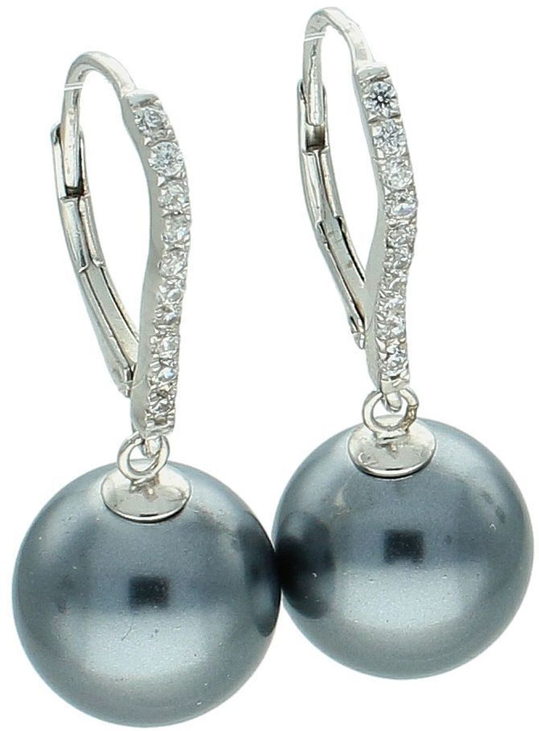 Srebrne kolczyki 925 z szarą perełką i białymi cyrkoniami. Długość 3,1 cm, waga 6,95 g, zapięcie bigiel angielski. Eleganckie i stylowe.41.jpg