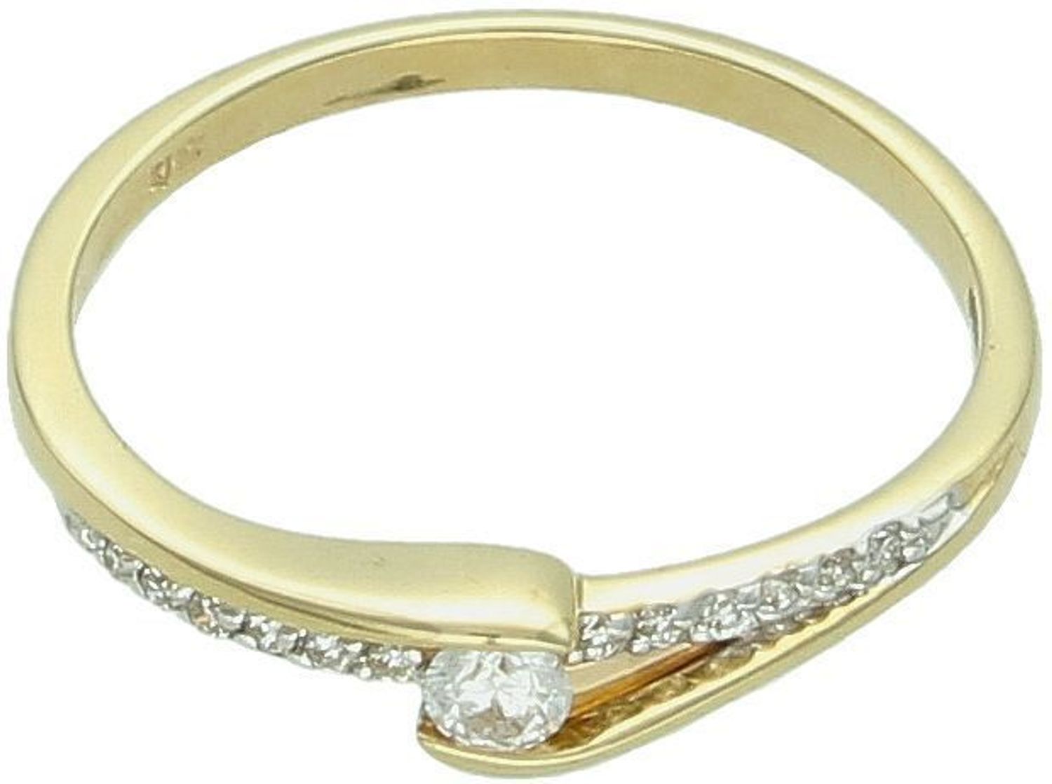 Subtelny pierścionek z żółtego złota 585 z 13 brylantami (0,13ct), model Fala Miłości. Certyfikat autentyczności, welurowe pudełko. Idealny prezent!1.jpg