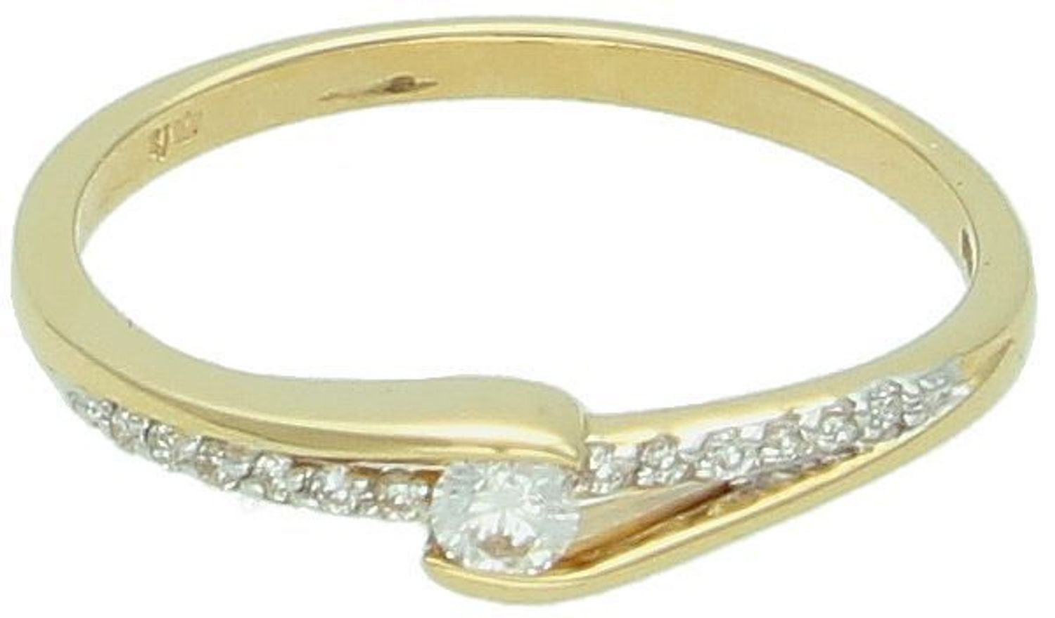 Subtelny pierścionek z żółtego złota 585 z 13 brylantami (0,13ct), model Fala Miłości. Certyfikat autentyczności, welurowe pudełko. Idealny prezent!1.jpg