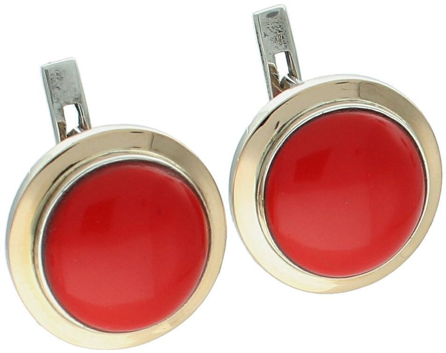 Eleganckie kolczyki damskie srebrne próba 925 z dodatkiem złota 585 i naturalnym koralem. Okrągłe, z angielskim zapięciem, waga 5,40 g – klasyka i szyk.1.jpg