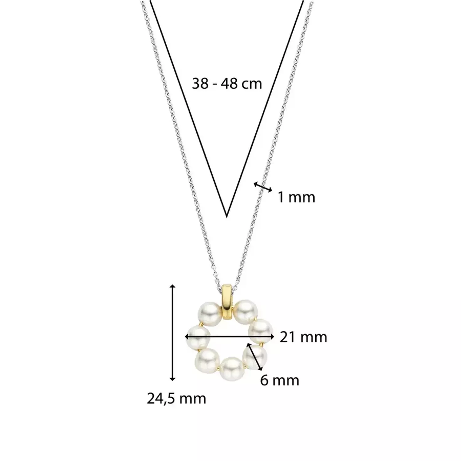 Damski naszyjnik pokryty złotem TI SENTO Aureola pereł z ciepłym złotem 34036YP42 Pokryty żółtym złotem naszyjnik z pereł TI SENTO 34036YP prezentuje aureole z błyszczących białych pereł umieszczonych na łańcuszku. Elegancj.webp