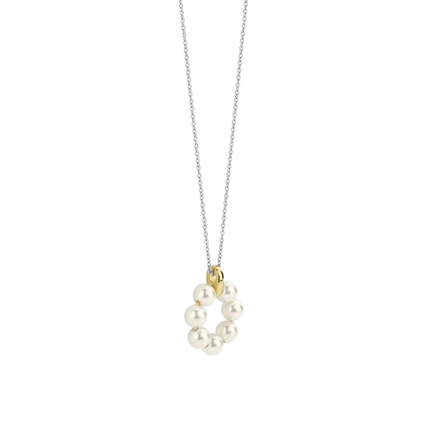 Damski naszyjnik pokryty złotem TI SENTO Aureola pereł z ciepłym złotem 34036YP42 Pokryty żółtym złotem naszyjnik z pereł TI SENTO 34036YP prezentuje aureole z błyszczących białych pereł umieszczonych na łańcuszku. Elegancj.webp