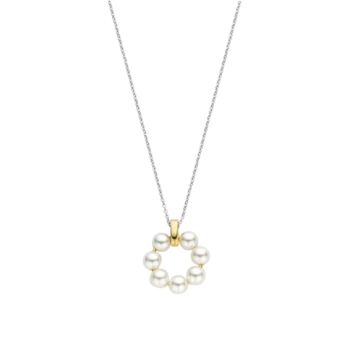 Damski naszyjnik pokryty złotem TI SENTO Aureola pereł z ciepłym złotem 34036YP42 Pokryty żółtym złotem naszyjnik z pereł TI SENTO 34036YP prezentuje aureole z błyszczących białych pereł umieszczonych na łańcuszku. Elegancj.webp