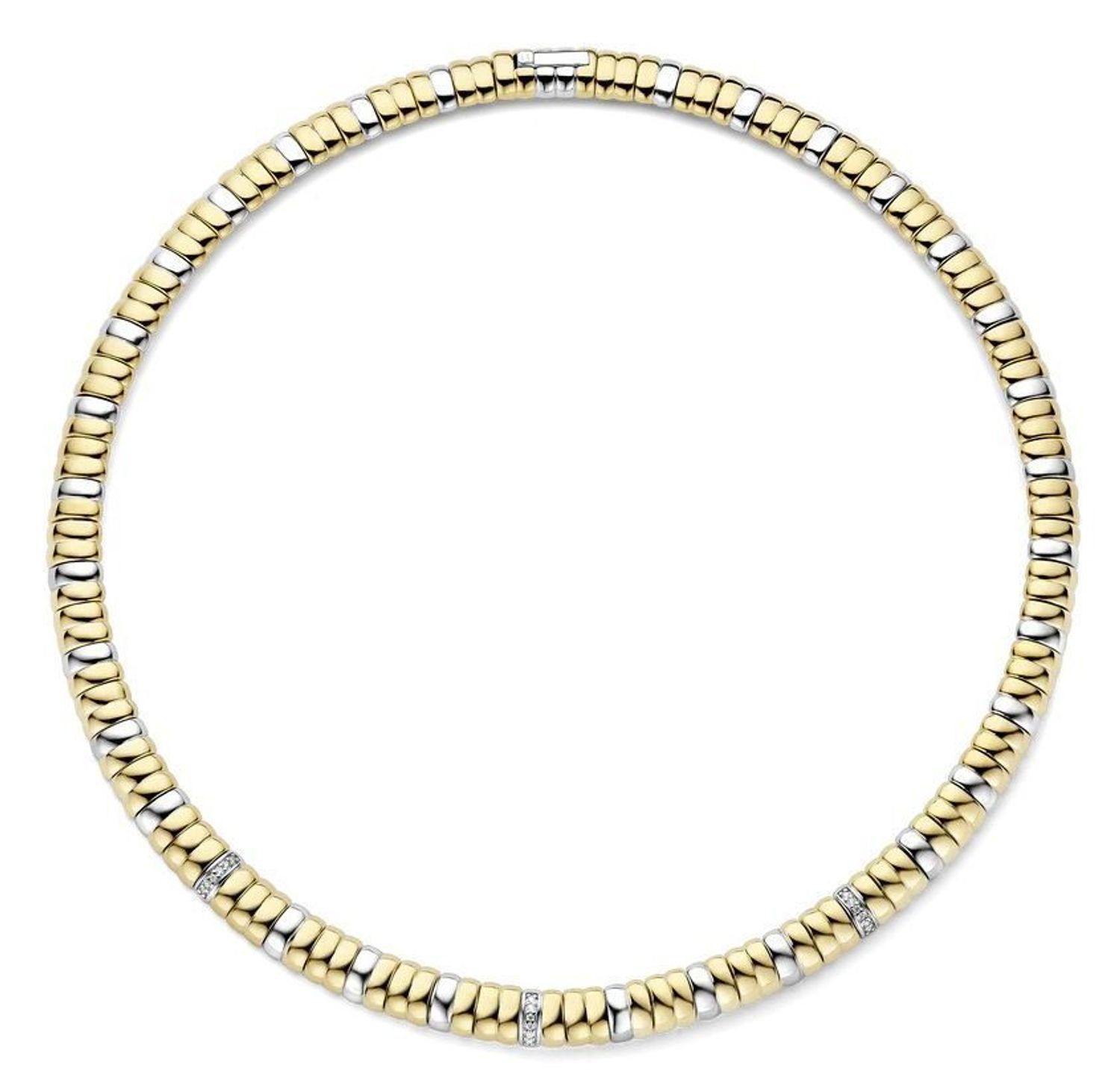 Naszyjnik damski TI SENTO – srebro próby 925 z elementami pokrytymi żółtym złotem i lśniącymi cyrkoniami. Elastyczna kolia, komfortowa w noszeniu, idealna do codziennych 1.jpg