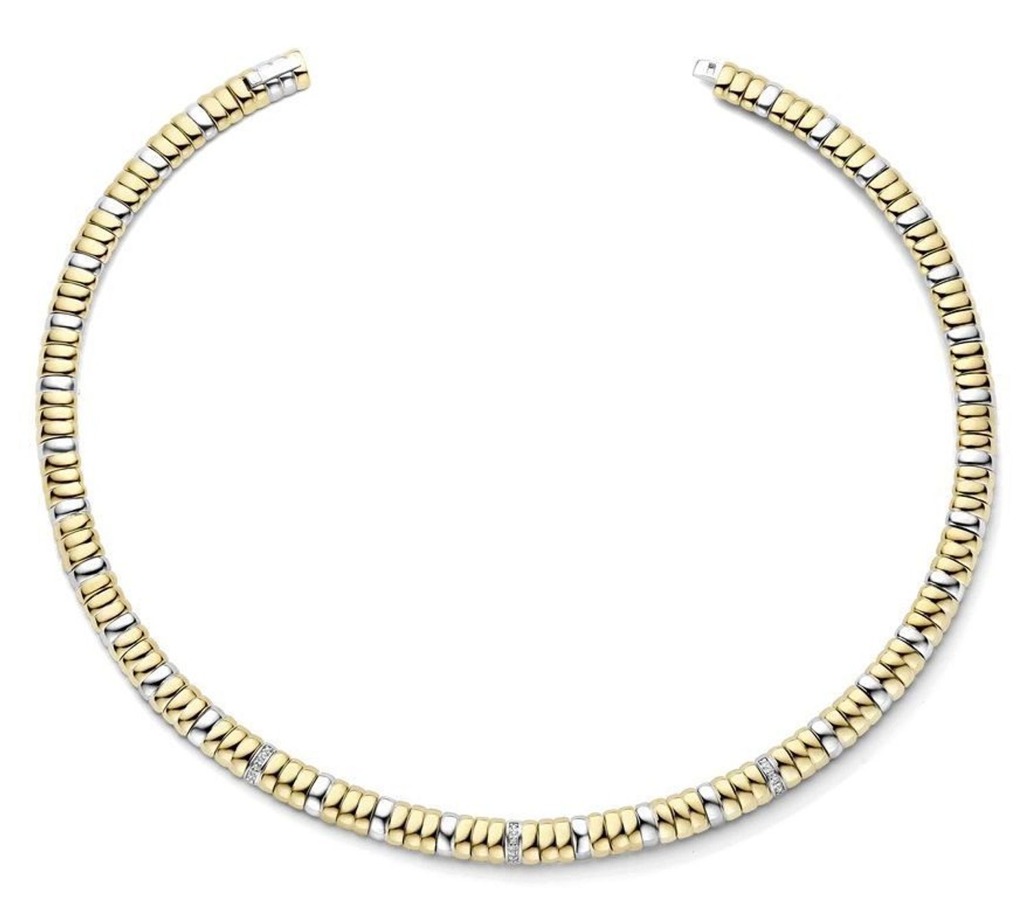 Naszyjnik damski TI SENTO – srebro próby 925 z elementami pokrytymi żółtym złotem i lśniącymi cyrkoniami. Elastyczna kolia, komfortowa w noszeniu, idealna do codziennych 1.jpg