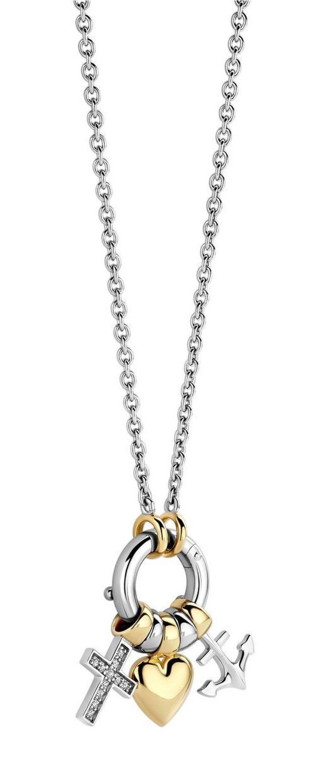 Naszyjnik damski TI SENTO 34115ZY – srebro rodowane 925, częściowo złocone, zdobione cyrkoniami i trzema zawieszkami krzyż, serce i kotwica (wiara, miłość, nadzieja). 1.jpg