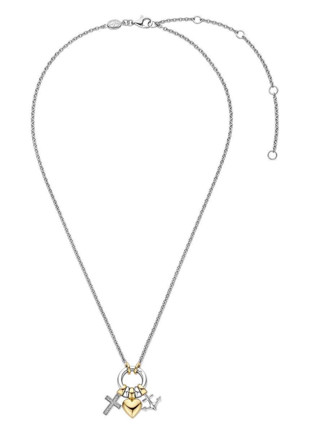 Naszyjnik damski TI SENTO 34115ZY – srebro rodowane 925, częściowo złocone, zdobione cyrkoniami i trzema zawieszkami krzyż, serce i kotwica (wiara, miłość, nadzieja). 1.jpg