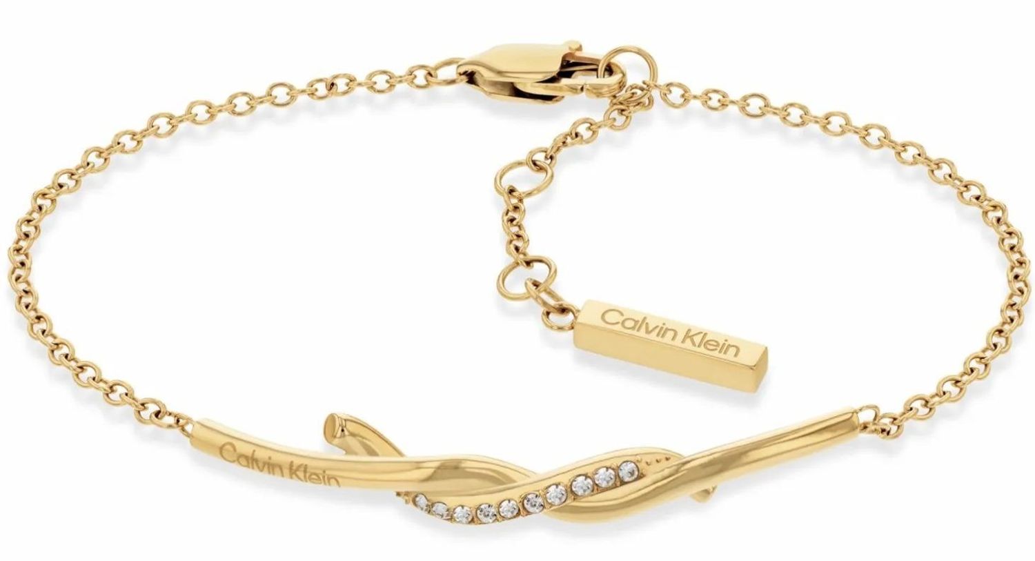 Bransoletka damska Calvin Klein w złotym kolorze z cyrkoniami 35000579. Bransoletka damska Calvin Klein. Damska bransoletka stalowa Calvin Klein. Bransoletka złota stalowa Calvin Klein. Bransoletka damska na prezent..jpg