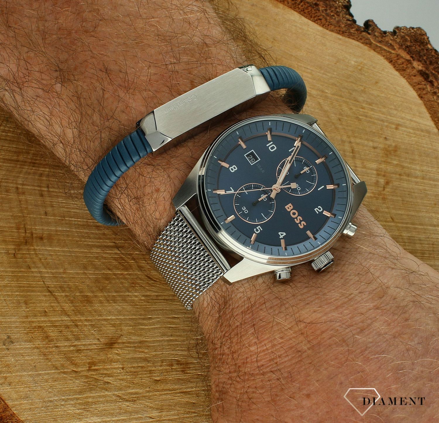 Bransoletka męska Calvin Klein skórzana niebieska z elementem stalowym z logo CK 35100013.  Męska bransoletka Calvin Klein. Bransoletka skórzana Calvin Klein dla mężczyzny. Bransoletka Calvin Klein stalowa na prezent dla mężczyzny.jpg