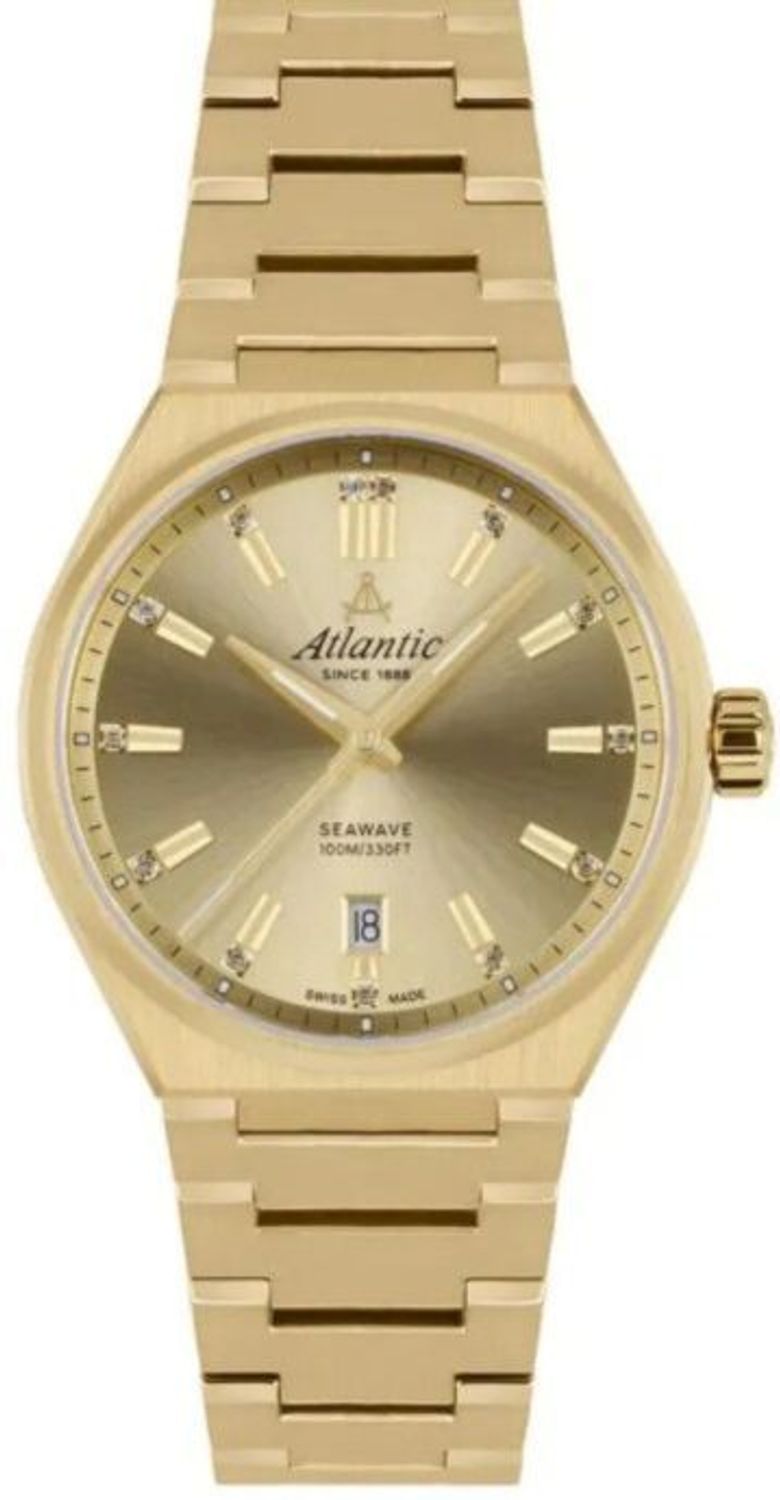 Stylowy zegarek damski Atlantic Seawave Lady Swiss Made. Złota koperta PVD, tarcza sunburst, kryształy, szkło szafirowe i wodoszczelność 100 m.1.jpg