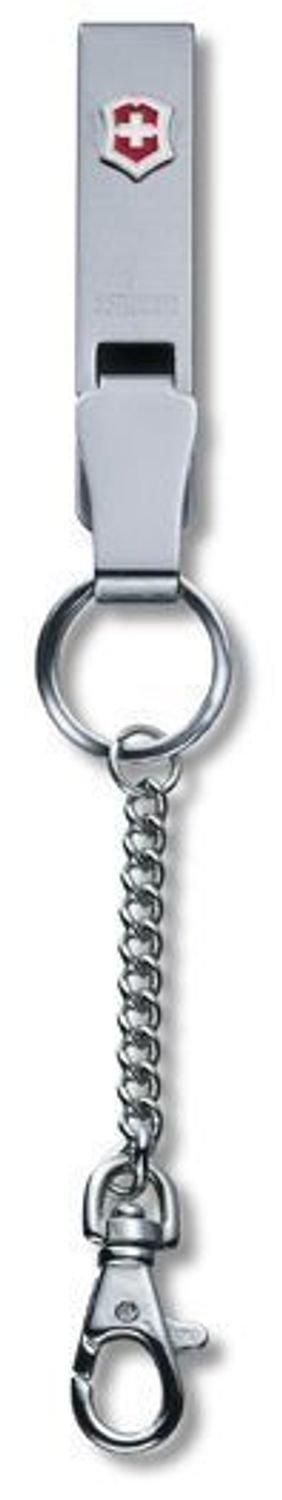 Multiclip Victorinox z krótkim łańcuszkiem 4.1859. Metalowa zaciskowa zapinka na pasek z kółkiem, karabinkiem i krótkim łańcuszkiem. MULTICLIP Z KRÓTKIM ŁAŃCUSZKIEM VICTORINOX.jpg