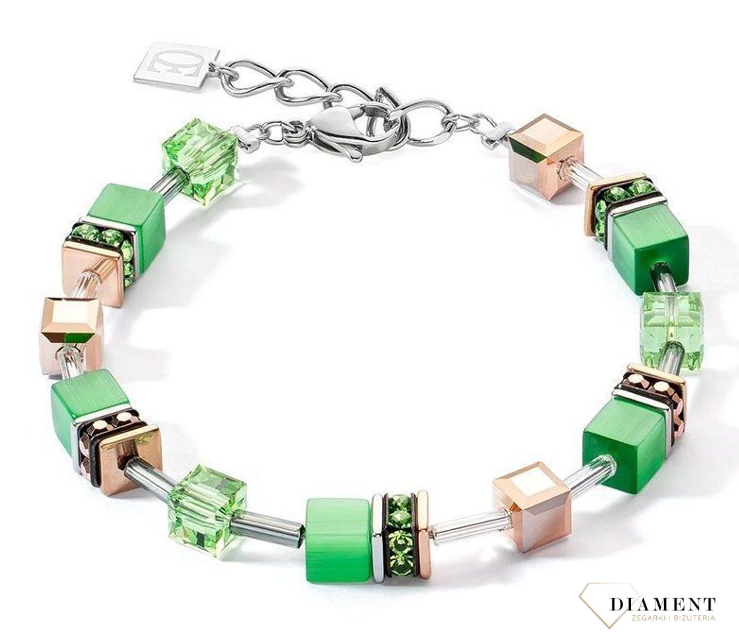 Bransoletka GEOCUBE® Iconic Monochrome w kolorze zielonym 4016300500. Ręcznie wykonana bransoletka z syntetycznym, jednobarwnym tygrysim okiem, kryształami Swarovski® to prawdziwie kobieca i subtelna kompozycja.jpeg