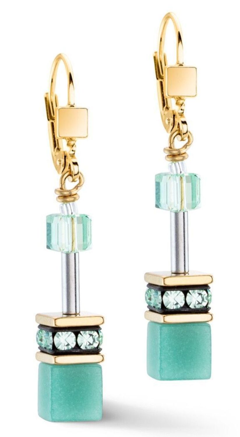 Eleganckie kolczyki GeoCUBE® Iconic Mono Gold w zieleni i złocie. Kryształy Swarovski®, nowoczesny design i certyfikat autentyczności COEUR DE LION.1.jpg
