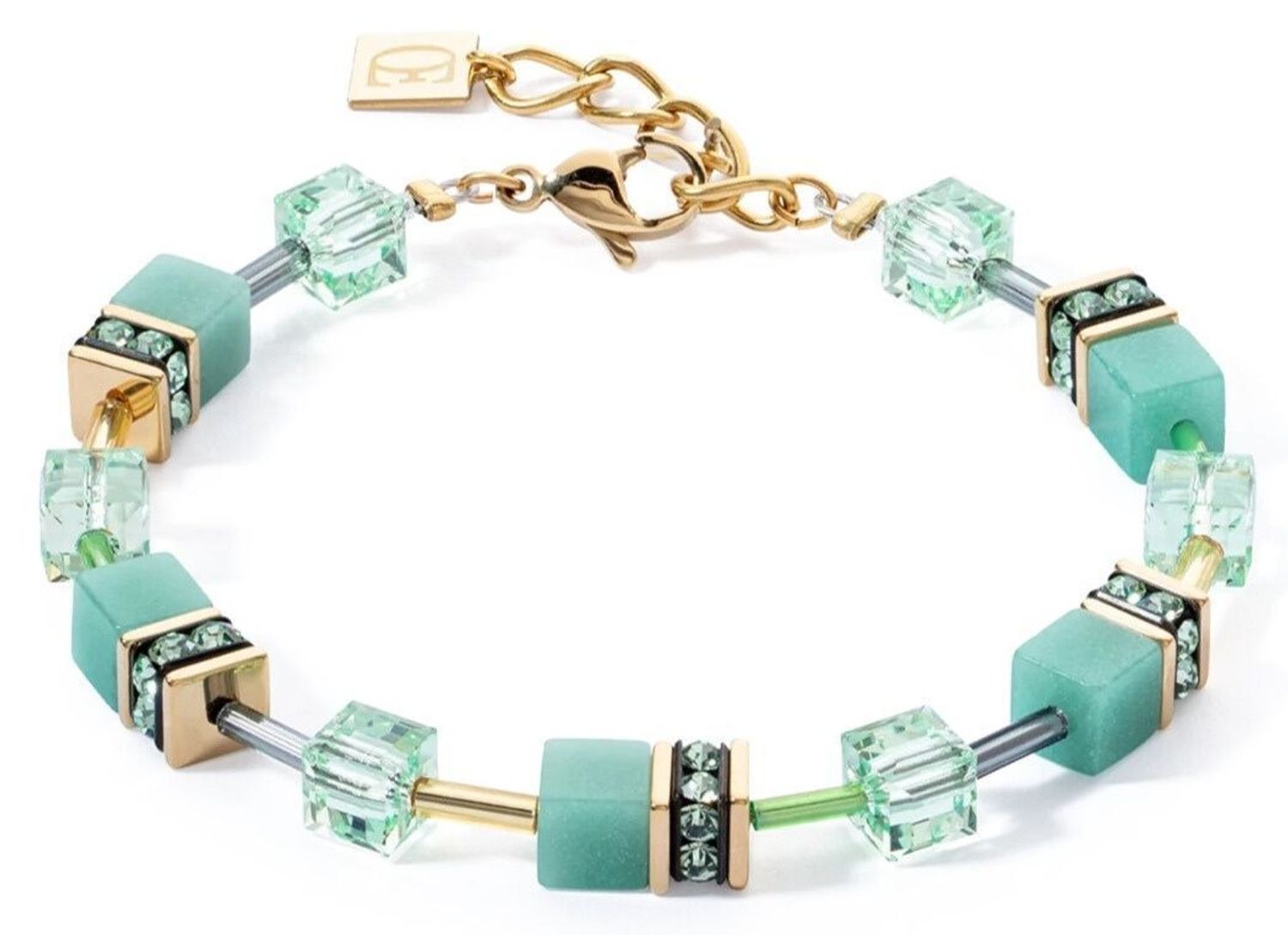 Elegancka bransoletka GeoCUBE® Iconic Mono Gold w zielonej kolorystyce. Geometryczny design, złote akcenty i designerskie etui z certyfikatem autentyczności.1.jpg