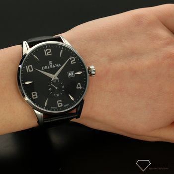 Zegarek męski Delbana Retro 41601.622.6.034. Zegarek męski o klasycznym wyglądzie o bardzo czytelnym cyferblacie w kolorze czarnym. Tarcza zegarka w czarnym kolorze z czytelnymi srebrnymi cyframi arabskimi (1).jpg