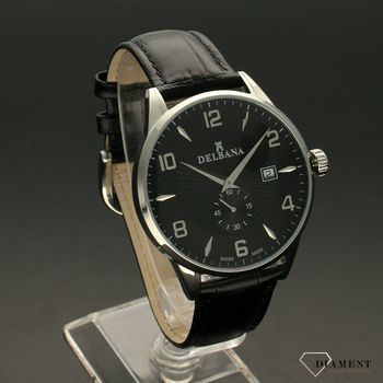 Zegarek męski Delbana Retro 41601.622.6.034. Zegarek męski o klasycznym wyglądzie o bardzo czytelnym cyferblacie w kolorze czarnym. Tarcza zegarka w czarnym kolorze z czytelnymi srebrnymi cyframi arabskimi (2).jpg