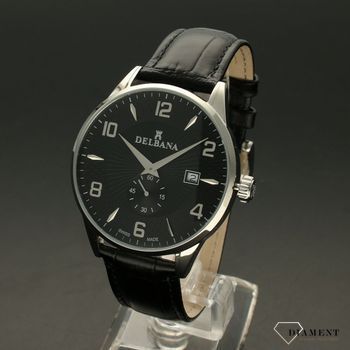Zegarek męski Delbana Retro 41601.622.6.034. Zegarek męski o klasycznym wyglądzie o bardzo czytelnym cyferblacie w kolorze czarnym. Tarcza zegarka w czarnym kolorze z czytelnymi srebrnymi cyframi arabskimi (3).jpg