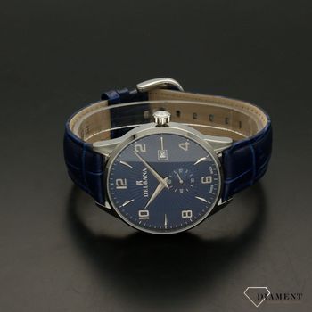 Zegarek męski Delbana Retro 41601.622.6.044. Zegarek męski o klasycznym wyglądzie o bardzo czytelnym, ciemnym cyferblacie w kolorze niebieskim. Tarcza zegarka w niebieskim kolorze ze srebrnymi cyframi  (2).jpg