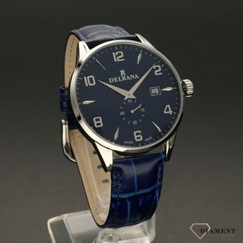 Zegarek męski Delbana Retro 41601.622.6.044. Zegarek męski o klasycznym wyglądzie o bardzo czytelnym, ciemnym cyferblacie w kolorze niebieskim. Tarcza zegarka w niebieskim kolorze ze srebrnymi cyframi  (5).jpg