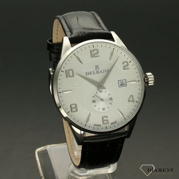 Zegarek męski Delbana Retro 41601.622.6.064. Zegarek męski o klasycznym wyglądzie o bardzo czytelnym, jasnym cyferblacie w kolorze srebrnym. Tarcza zegarka w srebrnym kolorze z czytelnymi srebrnym (2).jpg